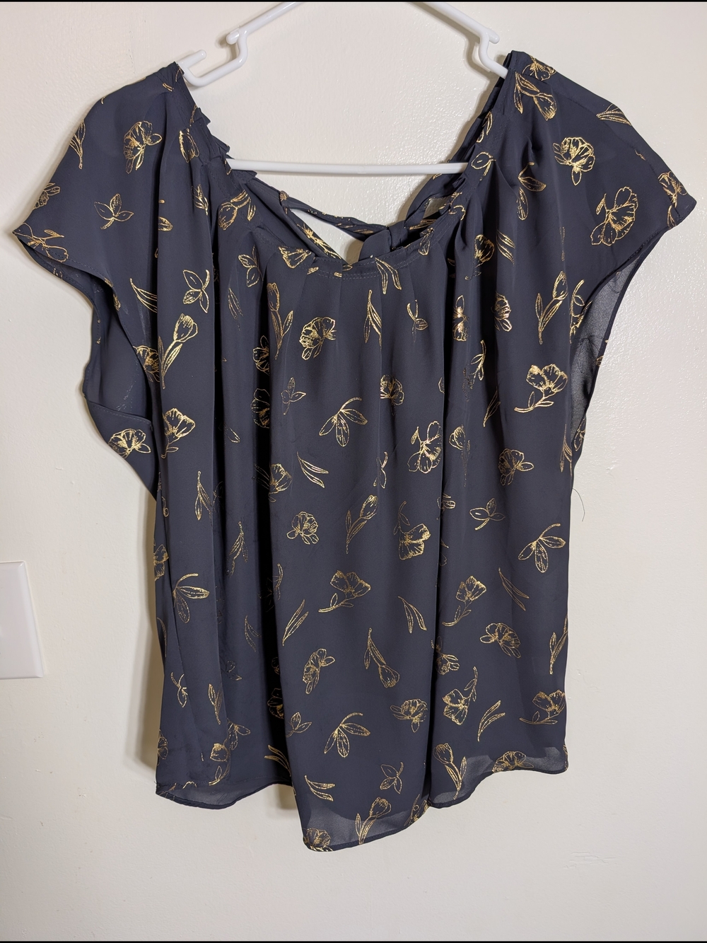 LC Lauren Conrad Charcoal Blouse with Gold Floral Print